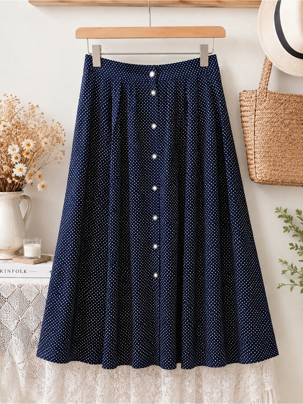 Vintage Cristin Stevens Made in Italy Polka Dot Button Front Midi Skirt | 90s